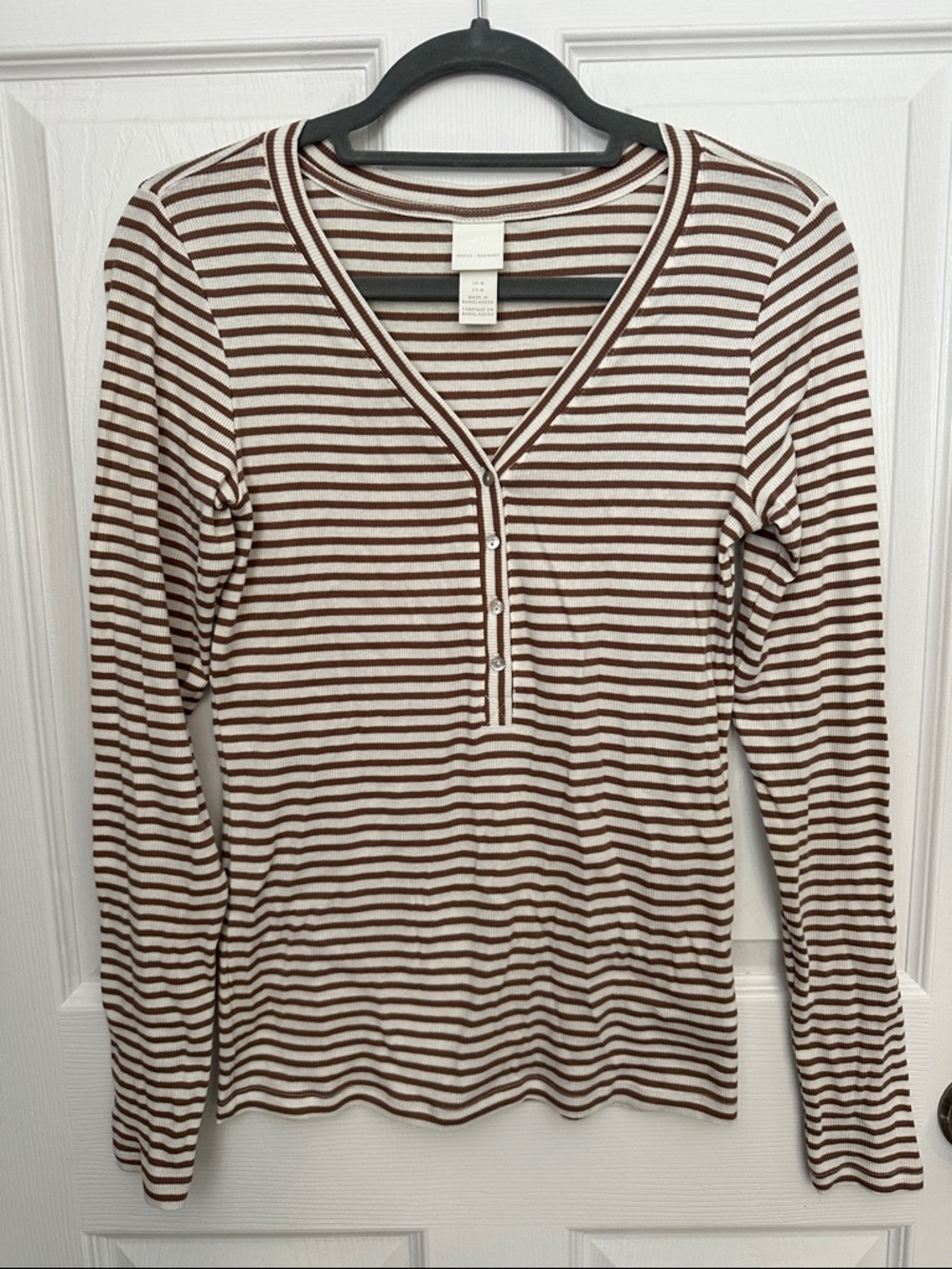 H&M Brown and Cream Striped Long Sleeve Henley Top